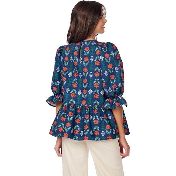 Mudpie Womens M Pierce Flounce Top Blue Statement Elbow Sleeve Floral Peplum New - Picture 4 of 14